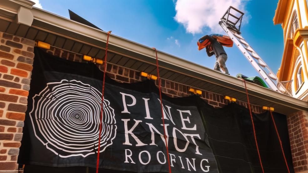 Roofer working on a home exterior above a Pine Knot Roofing banner